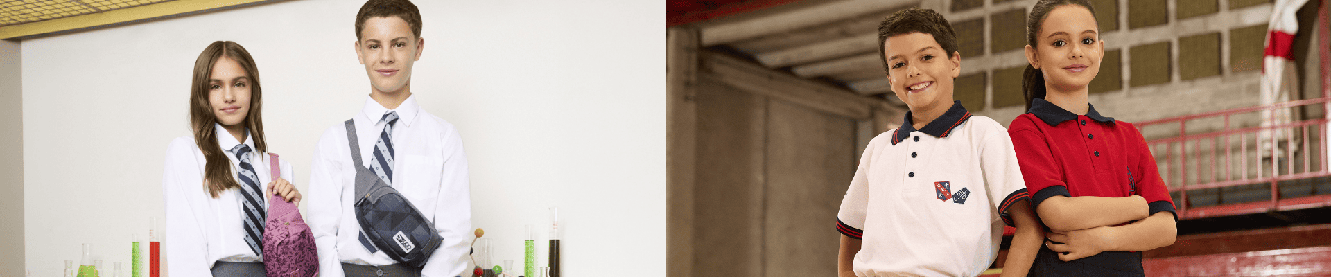 Colección de uniformes escolares 2026 y dispositivos tecnológicos en tienda Falabella.